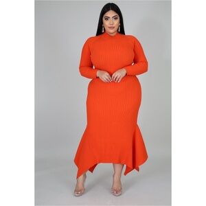 Vibrant Orange Ribbed Knit Dress